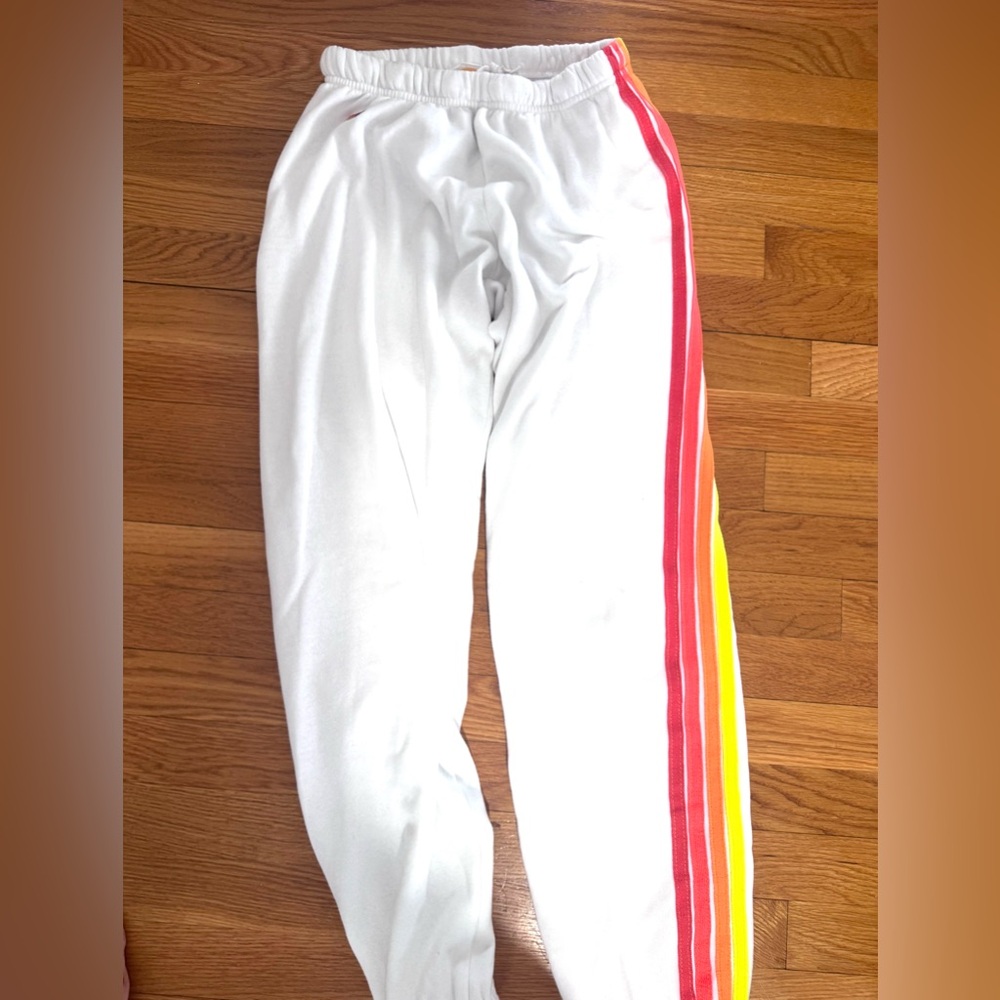 Aviator Nation Women’s White Sweatpants with Neon Stripes